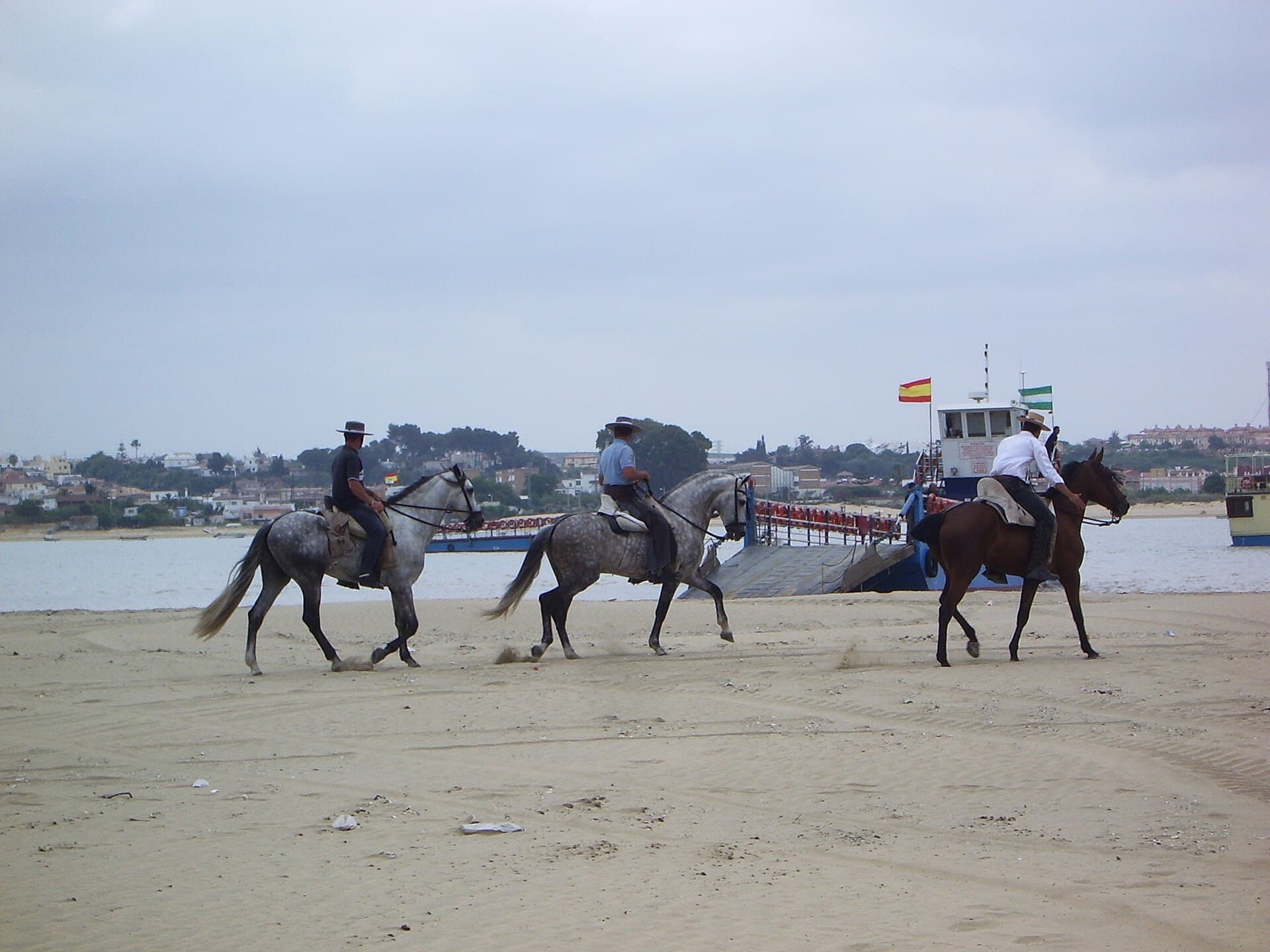 Romeros a caballo camino del embarque en Doñana